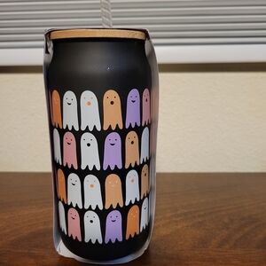 Zinny Ghost Pattern Glass Sipper Tumbler with Straw, Bamboo Lid